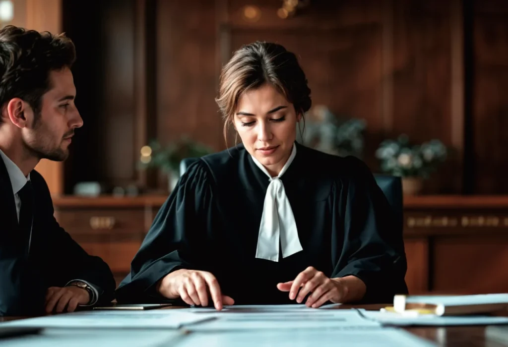 DUI Lawyer reviewing legal documents with a client for defense guidance. DUI lawyer is reviewing legal documents with a client in a professional law office, providing expert legal guidance and defense strategies for drunk driving charges.